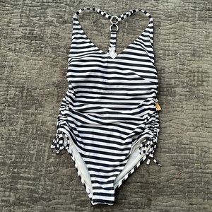 Kona Sol One Piece Navy Blue and White Stripe Size M(8-10)